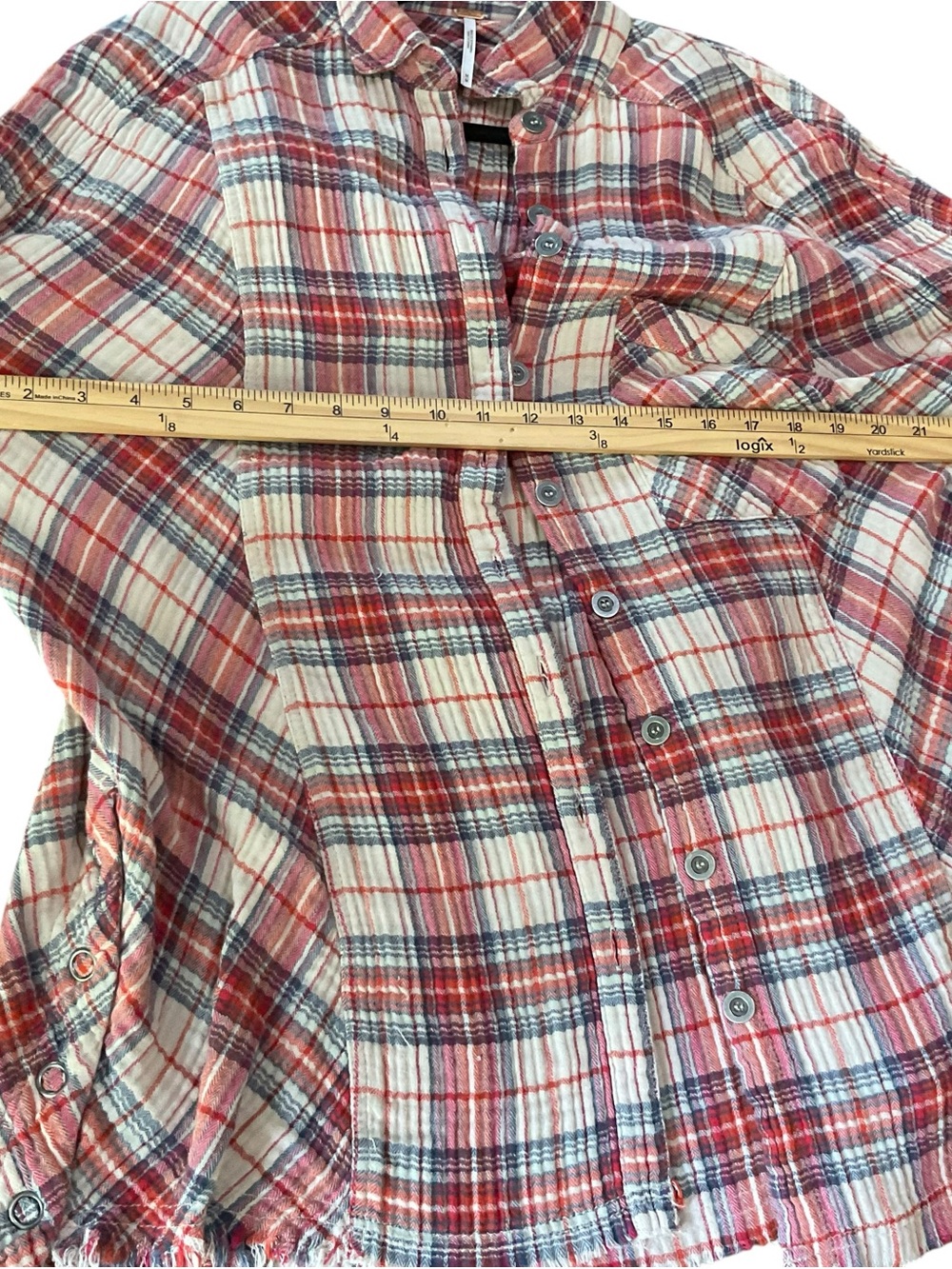 Free People Plaid Button Front Shirt M Frayed Hem Oversized Cotton Flannel Shack - Picture 7 of 7